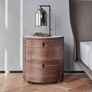 Round Bedside Table with 2 Drawers Modern Solid Wood