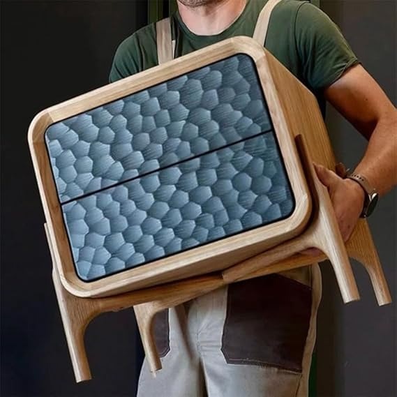 Modern Natural & Blue Wood End Table with 2 Drawers