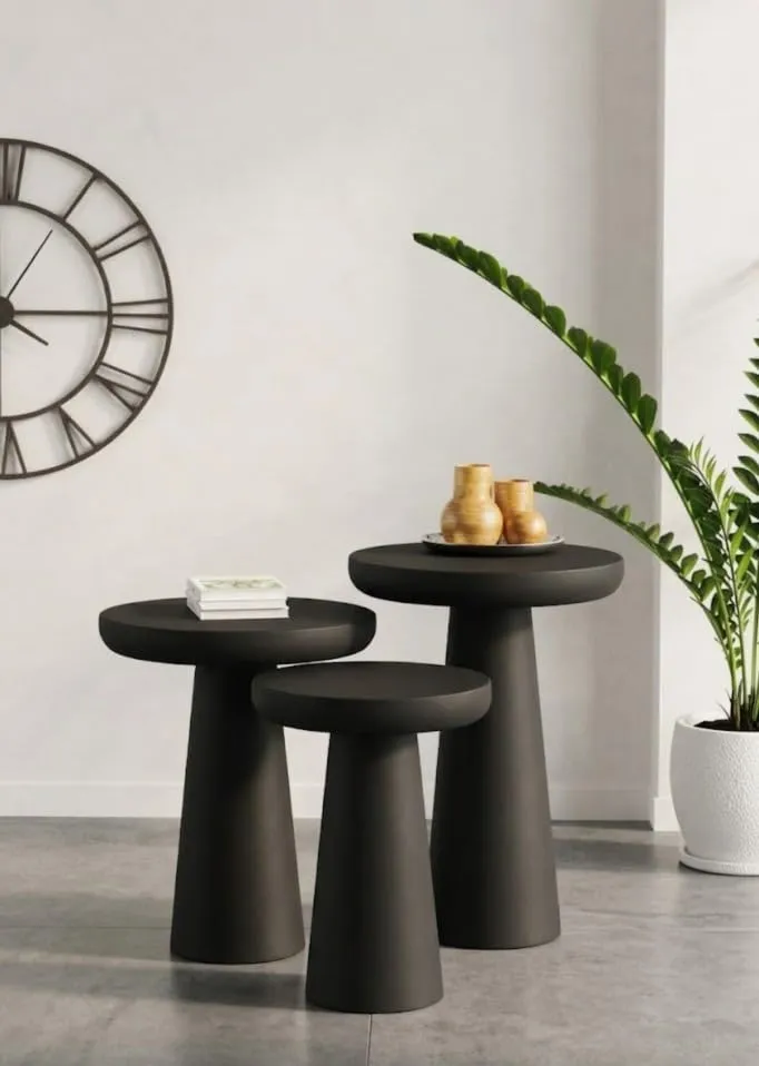 Mushroom Side Coffee Table Set of 3 for Living Room Use Durable Wooden Material Stylish Nesting Tables Space Saving Design Multipurpose Use Strong Build Black Finish Home Furniture