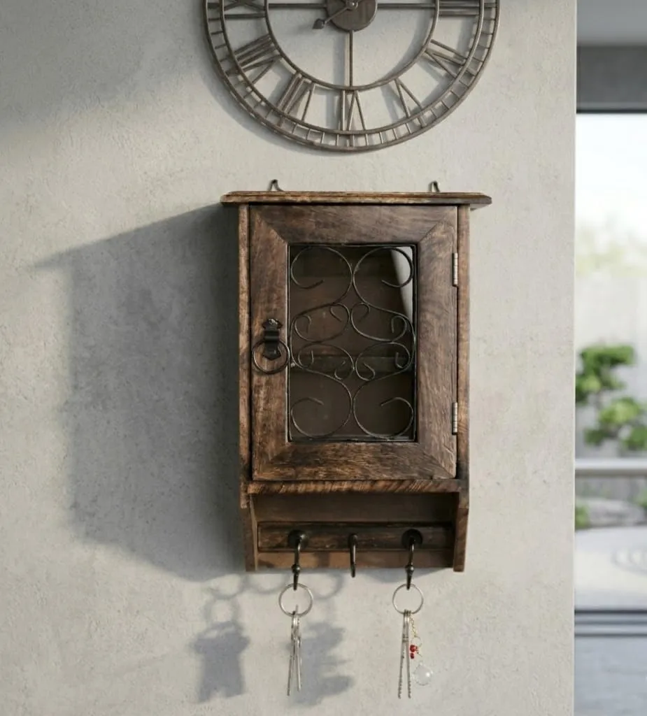 Brown Wooden Wall Mounted Key Holder Cabinet for Living Room Use Durable Wooden Material Space Saving Design Key Organizer Storage Cabinet Easy Wall Mount Home Decor