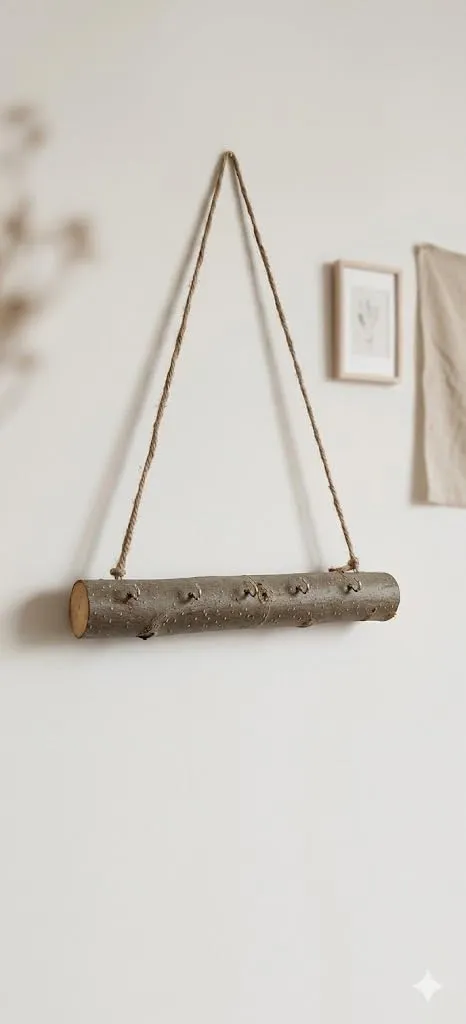 Natural Wooden Key Holder Wall Hanging with Jute Rope Rustic Design for Home Use Durable Wooden Material Space Saving Organizer Key Rack Decorative Wall Decor Entryway Storage