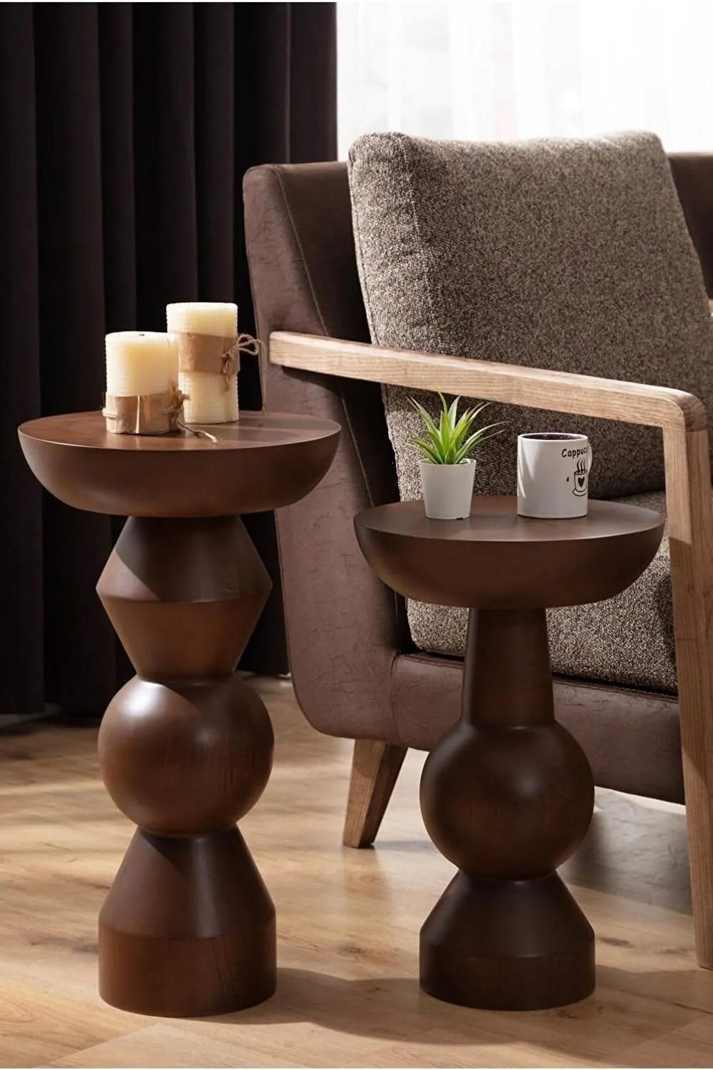 Coffee Table Set of 2 for Living Room Use Durable Wooden Material Round Side Tables Space Saving Design Multipurpose Use Strong Build Brown Finish Stylish Home Furniture