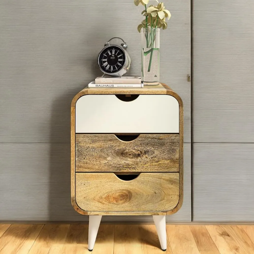 Modern Natural Wood Bedside Table with Three Drawers for Bedroom Use Durable Wooden Material Storage Cabinet Night Stand Organizer Strong Build Functional Home Furniture