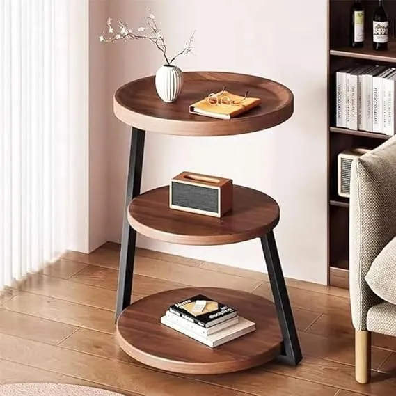 Round Bedside Table Natural Mango Wood Top Brown Black Iron Base Coffee Table for Living Room Bedroom Modern Side Table
