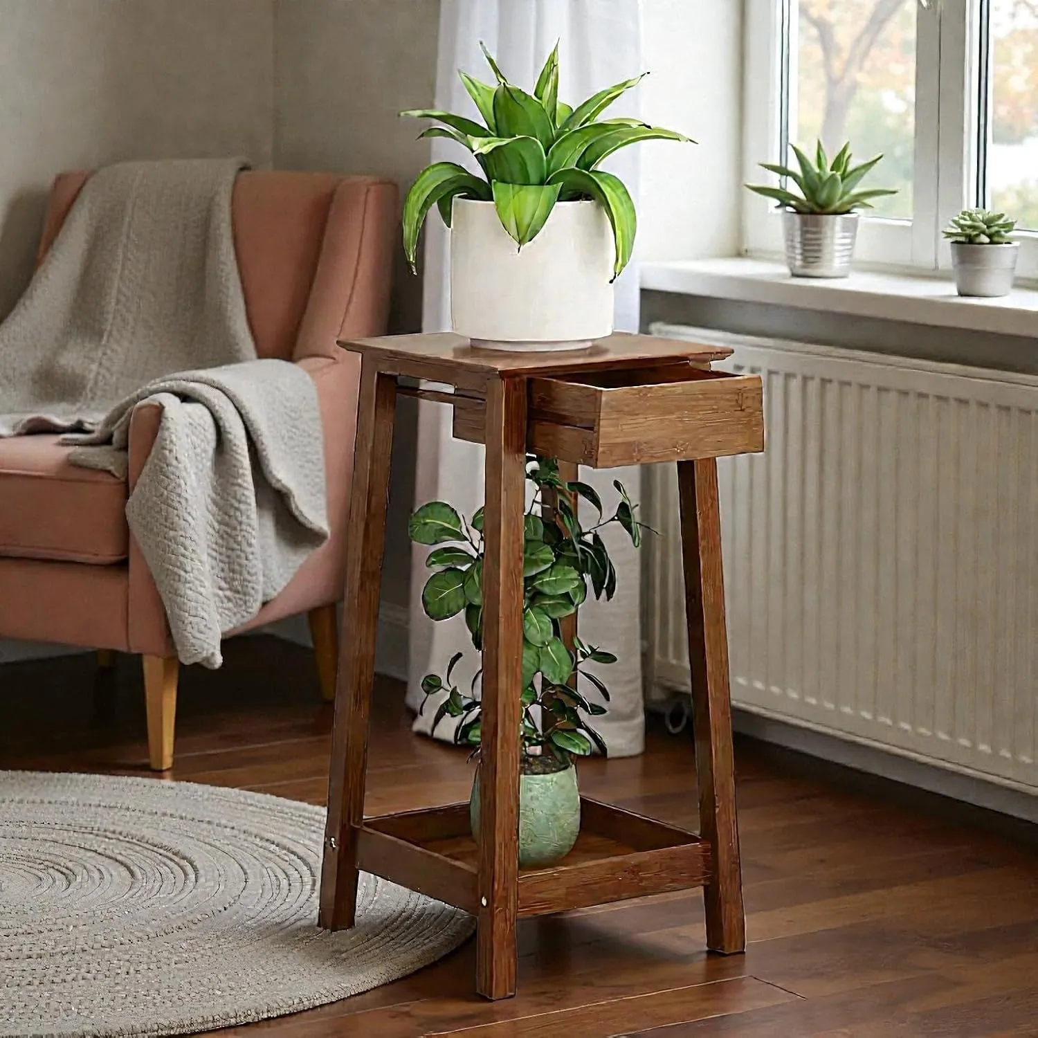 Planter Stand with Mini Drawers for Indoor Outdoor Use Durable Wooden Material Space Saving Plant Stand Storage Organizer Strong Build Brown Finish Multipurpose Flower Pot Holder