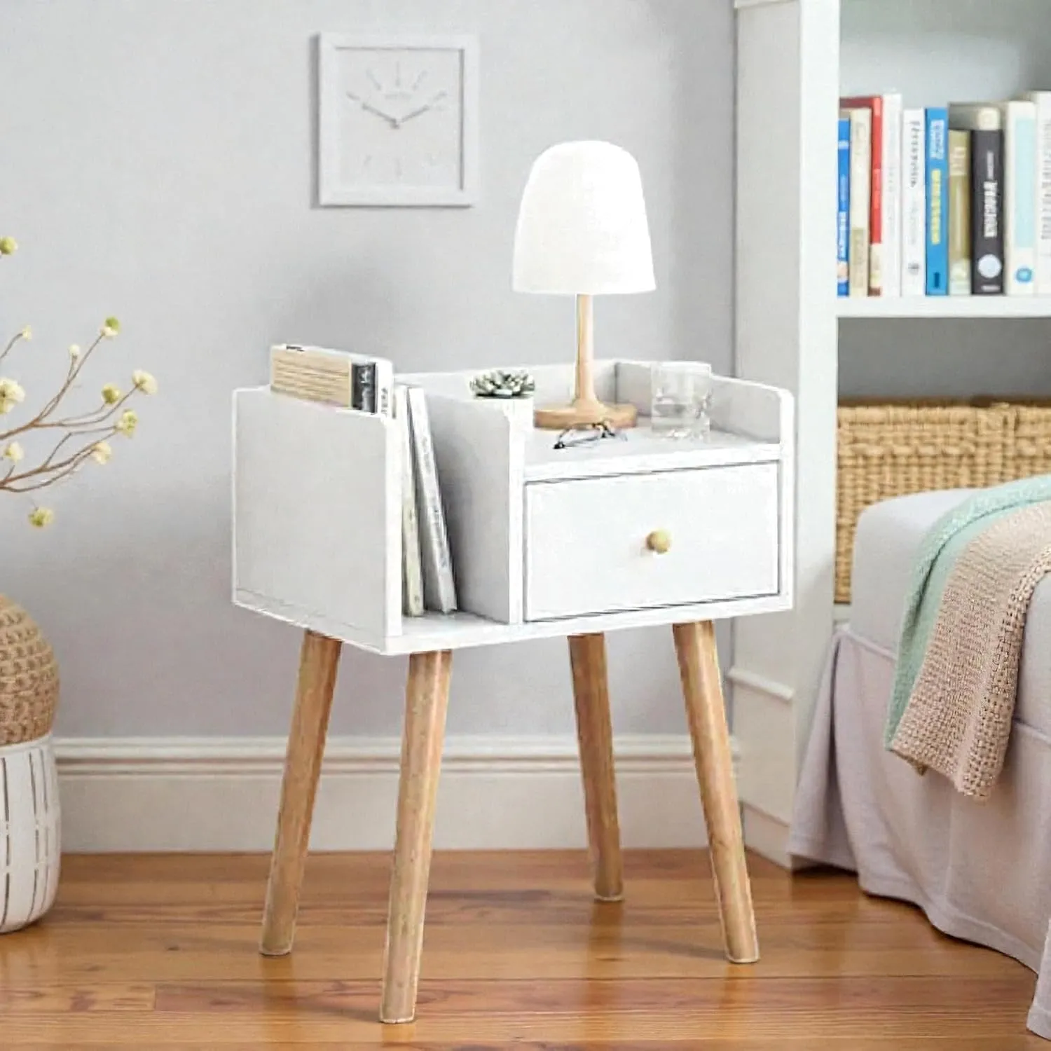 White Natural Foldable Wood Bedside Table with Drawer for Bedroom Use Durable Wooden Material MDF Nightstand Space Saving Design Modern Side Table Storage Home Furniture