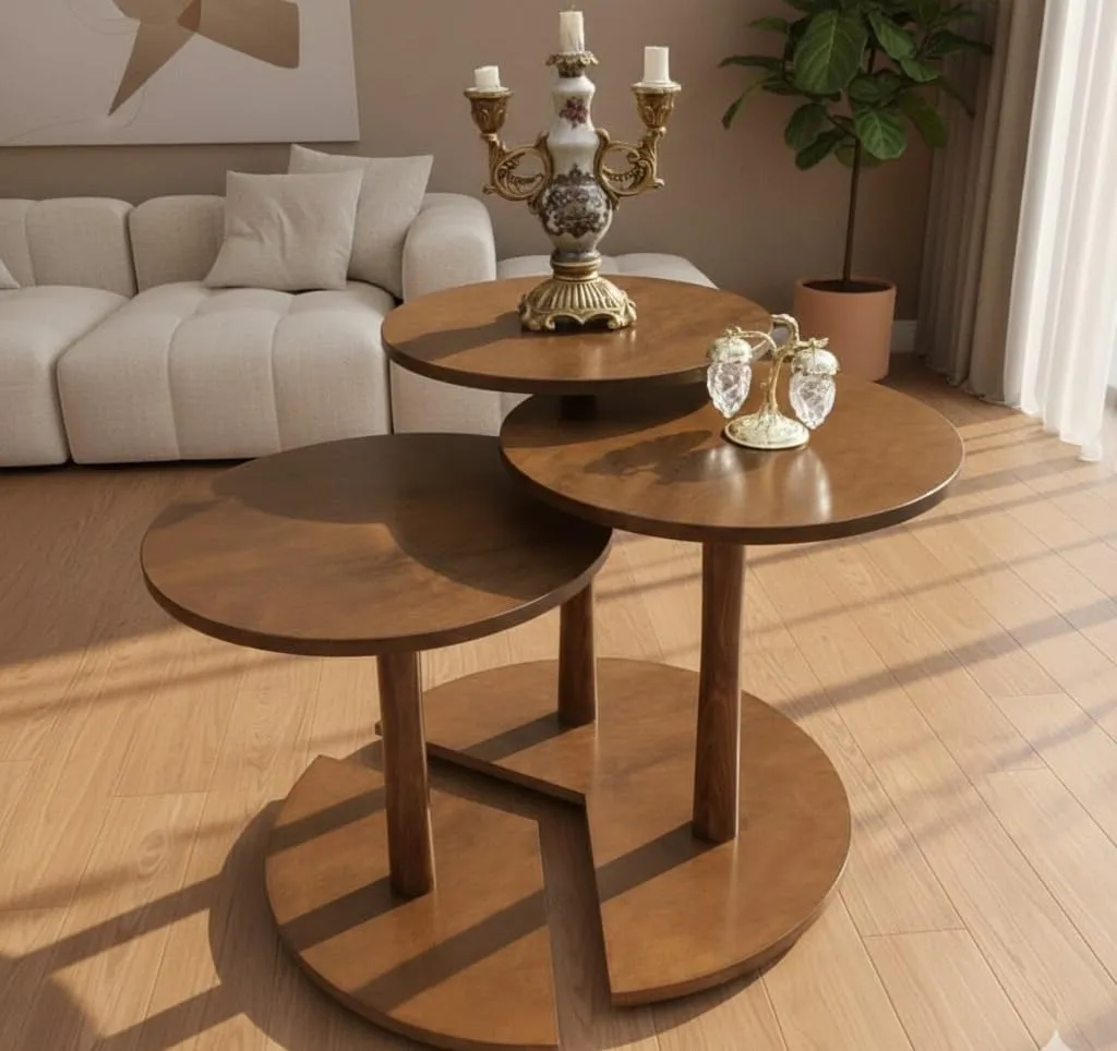 Coffee Table 3 Tops for Living Room Use Durable Wooden Material Multi Level Center Table Space Saving Design Modern Round Tables Cream and Natural Finish Home Furniture