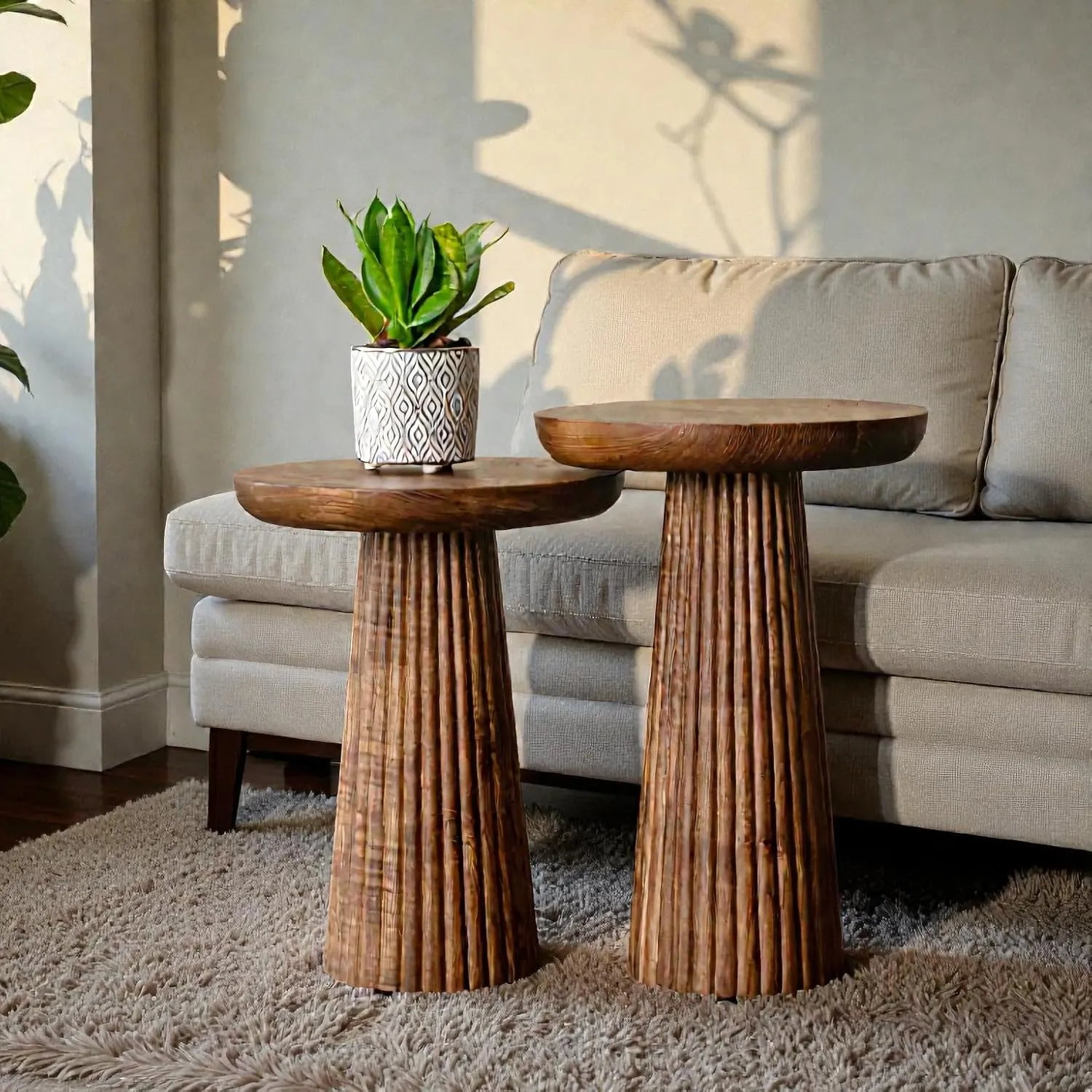 Coffee Table Round Table Set of 2 Solid Foldable for Living Room Use Durable Wooden Material Space Saving Design Multipurpose Side Tables Strong Build Brown Finish Home Furniture