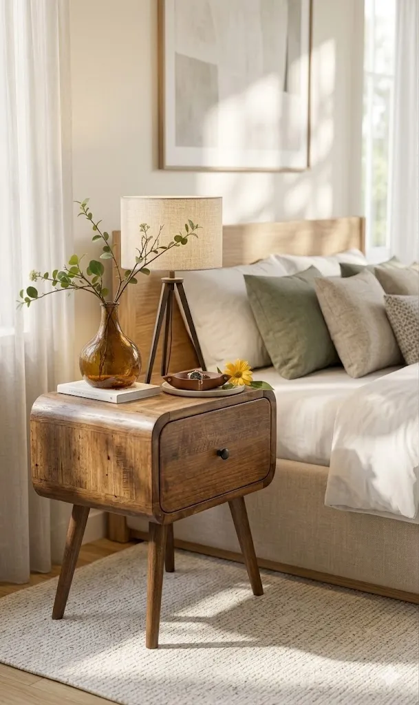 Wooden foldable bedside table for bedroom use durable wood material space saving side table for small rooms portable night stand compact design for daily use storage and convenience