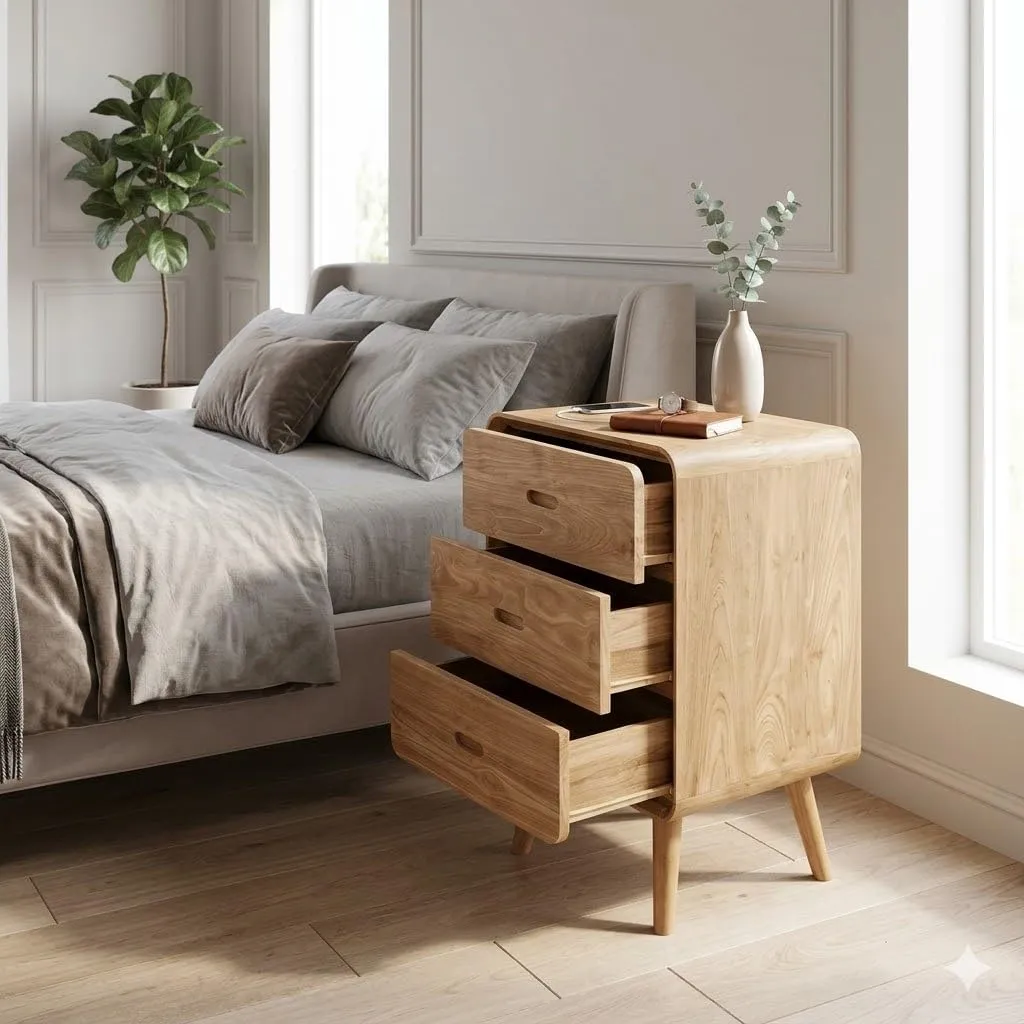 Bedside Table 3 Drawers Wooden Night Stand for Bedroom Use Natural Wooden Material Storage Side Table Compact Furniture for Organization Daily Essentials and Stylish Home Decor Needs