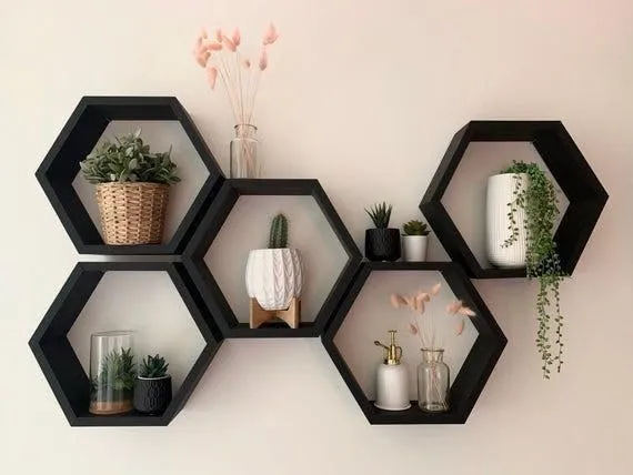 Wall Shelves Set of 5 Hexagon Floating Display Shelf Black MDF Wall Mounted Shelves for Living Room Bedroom Use Durable MDF Material Storage Decor Shelf for Home Organization