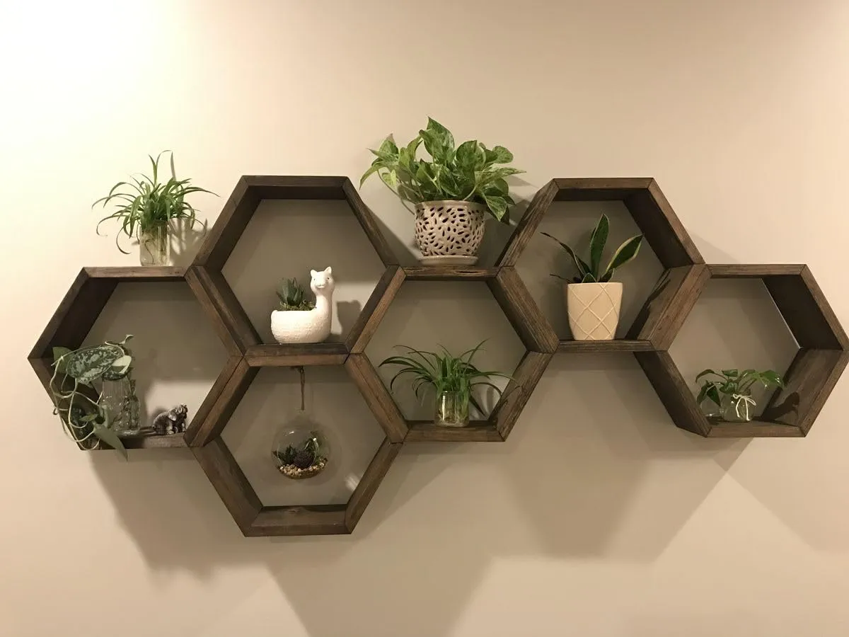 Hexagon Wall Shelves Set of 6 Honeycomb Floating Shelves Mango Wood Wall Mounted Shelf for Living Room Bedroom Use Durable Wooden Material Display Storage Shelf Home Decor Solution