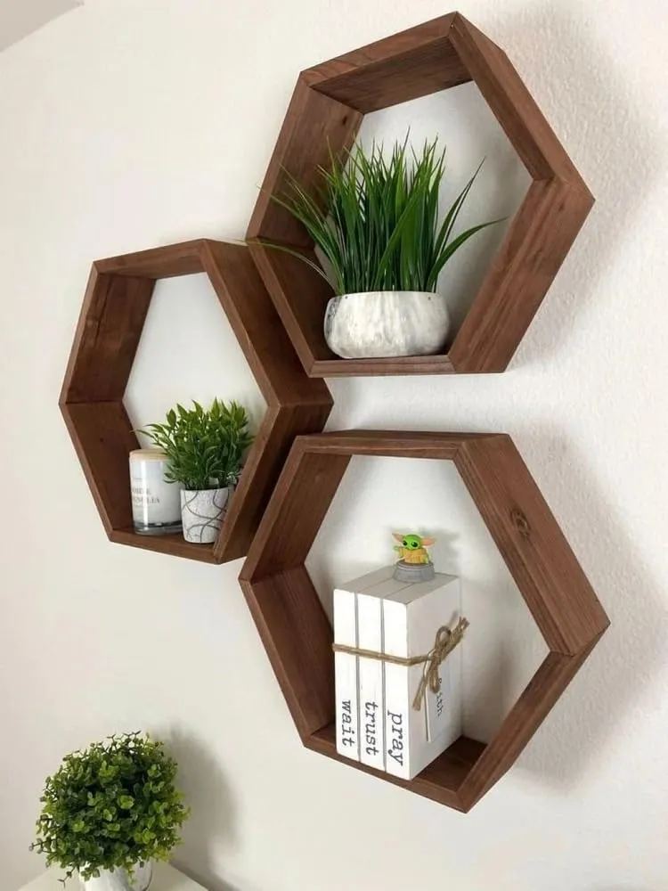 Hexagon Wall Shelves Set of 3 Honeycomb Floating Shelves Mango Wood Walnut Wall Mounted Shelf for Living Room Bedroom Use Durable Wooden Material Display Storage Home Decor Solution