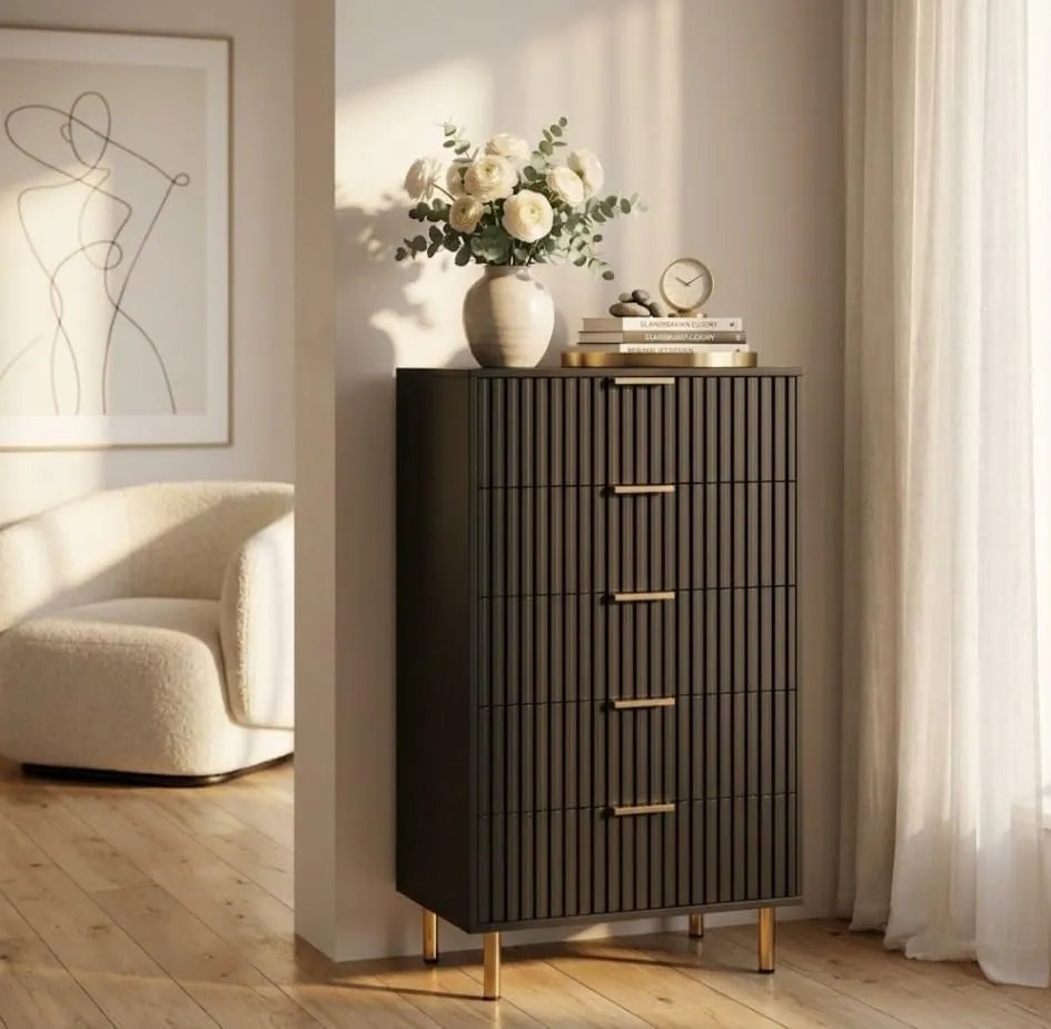 5 Drawer Cabinet Storage Unit Black Mango Wood Iron Frame Chest Organizer for Home Office Bedroom Durable Wooden Furniture with Drawers for Clothes Files Tools Modern Space Saving Design Home Use Rack
