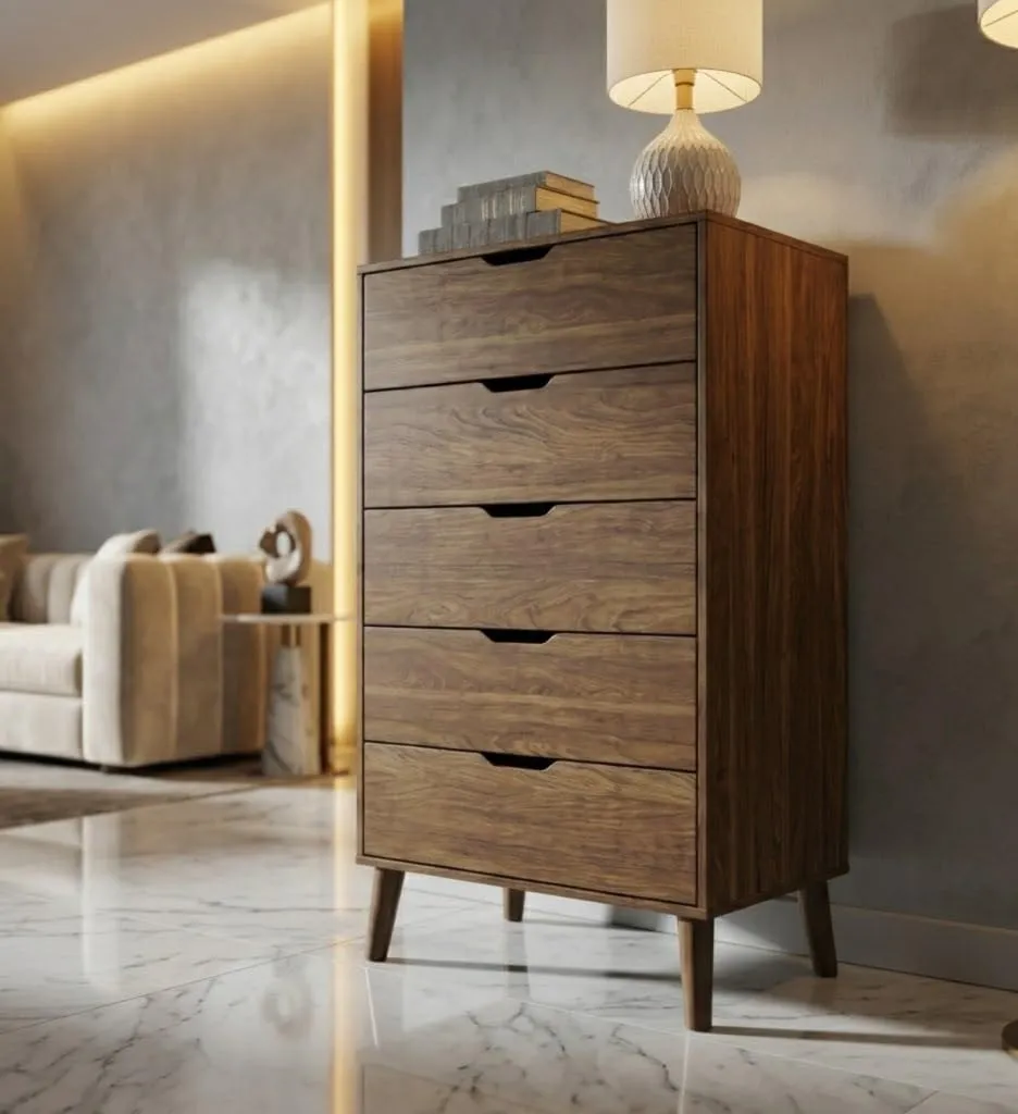 5 Drawer Cabinet Storage Unit Mango Wood Furniture Brown Wooden Drawer Cabinet for Bedroom Office Storage Organizer Durable Space Saving Drawer Storage Unit for Home Furniture Use