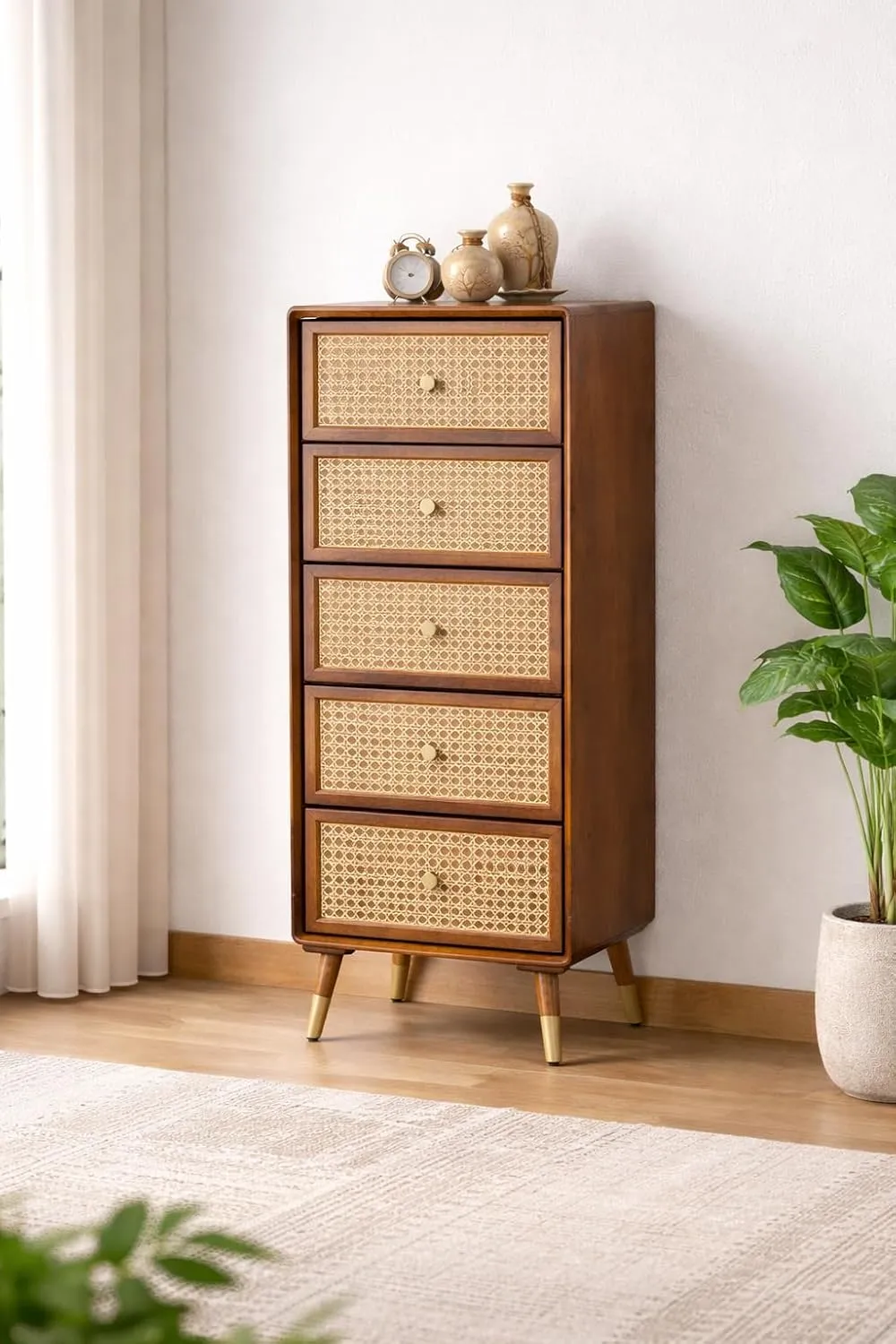 Drawer Storage Cabinet Brown Tall Chest with Cane Front Mango Wood Furniture for Bedroom Storage Organizer Wooden Drawer Chest Unit Durable Space Saving Storage Cabinet for Home Use