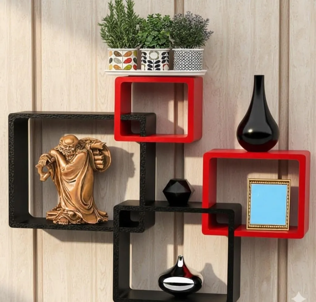 Wall Shelves Red Black MDF Floating Cube Shelf Set of 4 Modern Wall Mount Storage Shelves for Living Room Bedroom Display Organizer Durable MDF Wall Storage Shelves for Home Decor Use