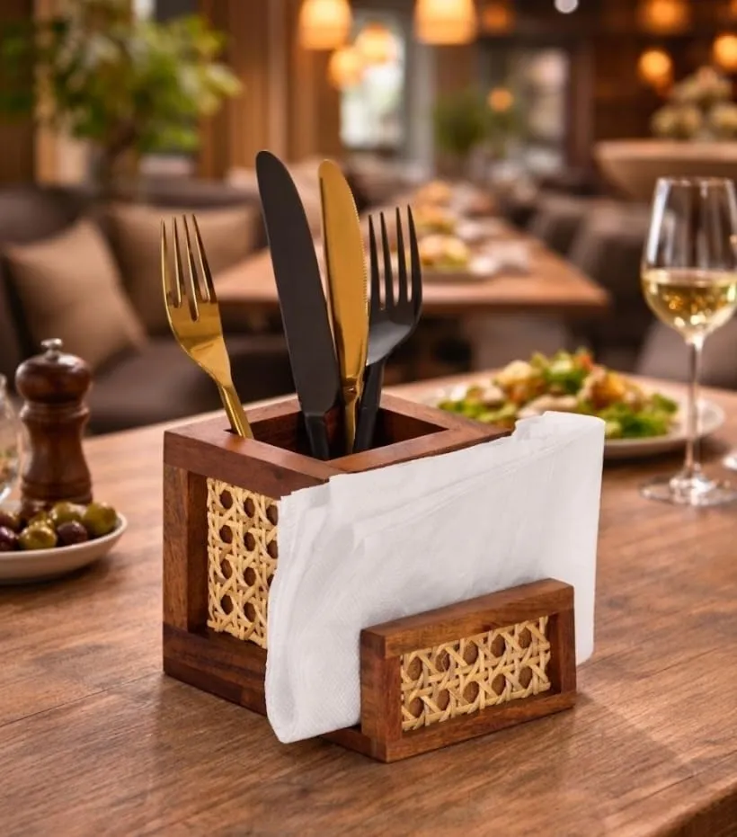 Wooden napkin holder with cutlery holder for dining table use durable wood and cane material kitchen organizer stand for napkins and utensils compact design for daily use neat storage solution