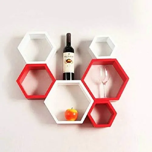 Intersecting Hexagon Wall Shelves Set of 6 MDF Floating Wall Shelves for Living Room Bedroom Storage Display Organizer Modern Wall Decor Durable MDF Shelf Set for Home Use