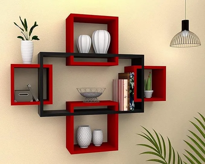 Intersecting Wall Shelves Red Black MDF Floating Wall Shelves for Living Room Bedroom Storage Display Organizer Modern Wall Decor Durable MDF Wall Shelf Unit for Home Storage Use