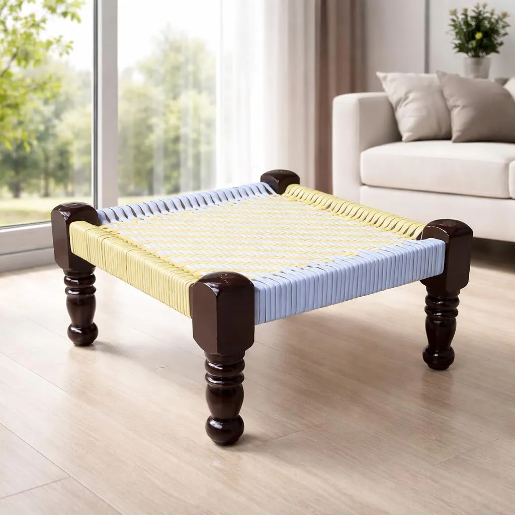 Wood Jute Rope Peedi Traditional Wooden Chowki Pidda for Pooja Seating Use Handmade Wood and Jute Rope Stool Multi Colour Floor Seating Stool Durable Wooden Pooja Chowki for Home Use