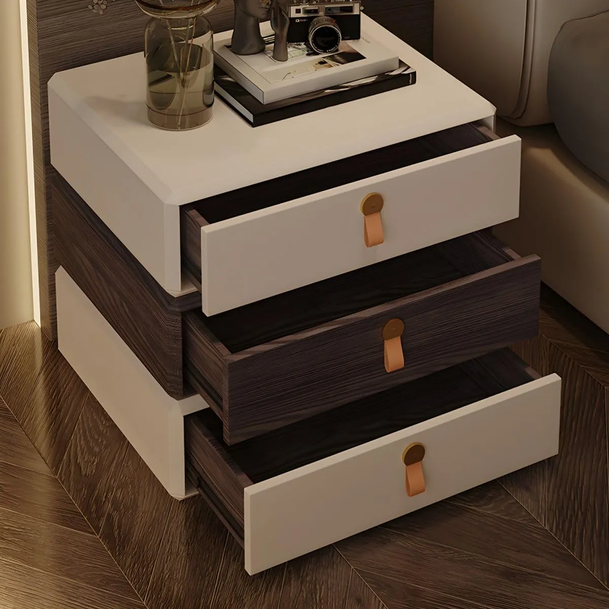 3 Drawer Brown White Bedroom Cabinet Dresser Wooden Storage Cabinet with Smooth Pull Handles for Living Room Bedroom Use Durable Wood Drawer Storage Unit for Home Furniture Organizer