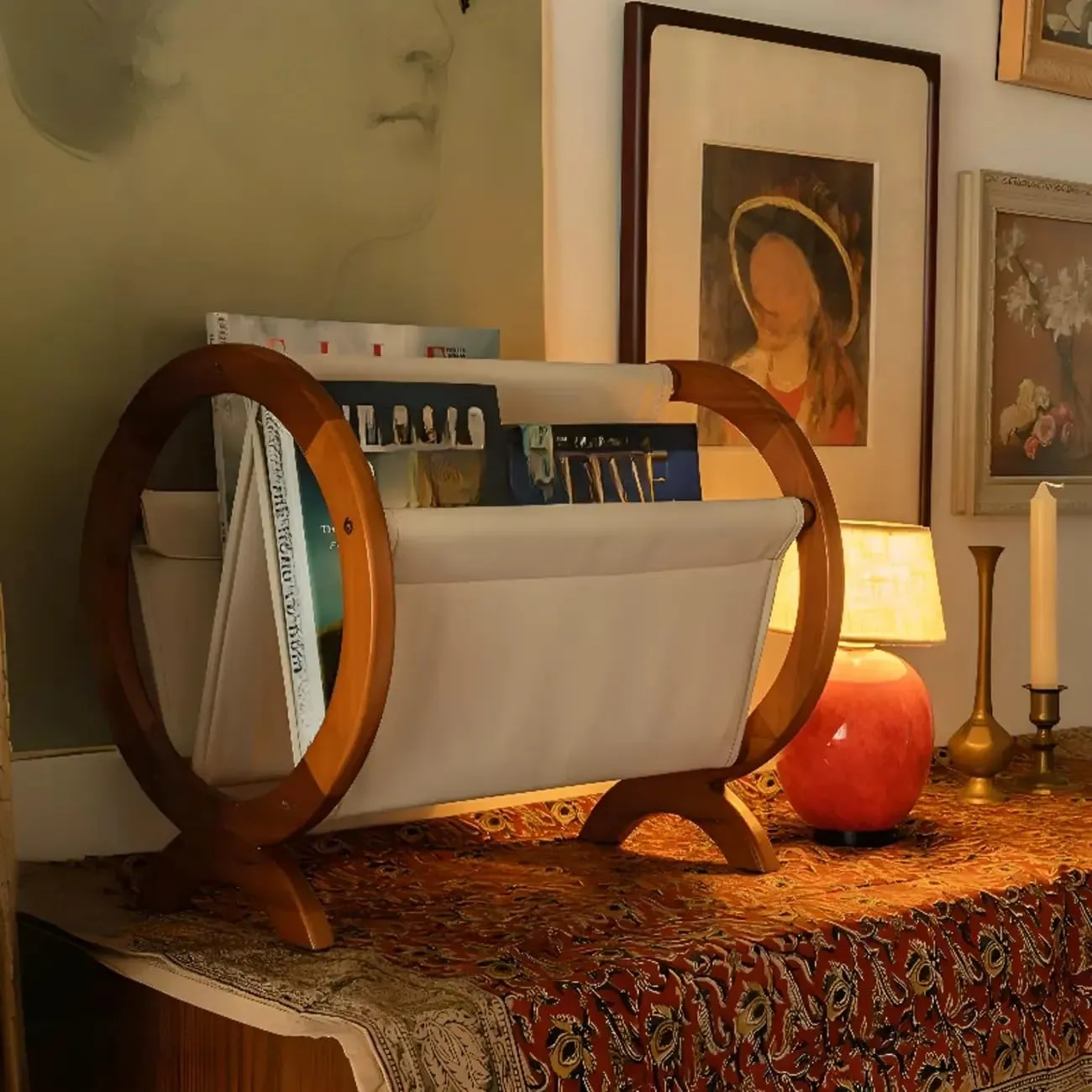 Round Shape Book Stand with Fabric Storage Rack Wooden Bookshelf Organizer for Home Use Modern Wood and Fabric Book Shelf Storage Rack for Living Room Bedroom Durable Organizer Unit