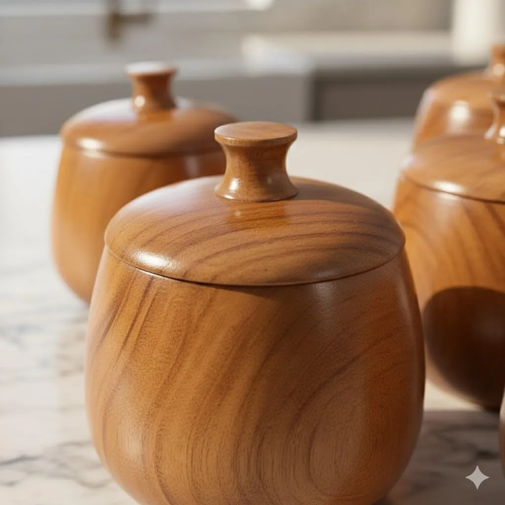 Wooden natural mango wood storage jar with lid for kitchen use durable wood material container for storing spices snacks and dry items compact design for daily use secure lid and neat storage