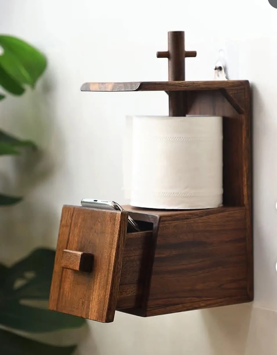 Wall Mounted Napkin Holder with Drawer Wooden Tissue Roll Organizer for Bathroom Storage and Mobile Placement Walnut Wood Wall Organizer Shelf Durable Bathroom Storage Holder