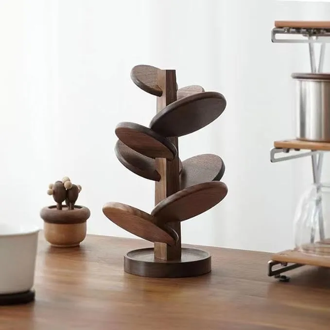 Round Wooden Coasters Set with Tree Shape Stand Brown Wood Drink Coasters for Table Protection Wooden Coaster Set with Holder Durable Wood Tea Coffee Coasters for Home Use