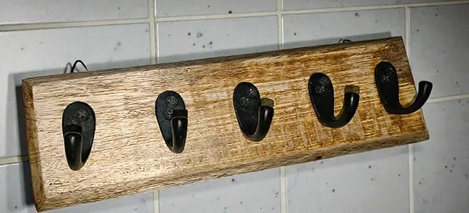 Wooden Wall Key Holder with 6 Hooks Rustic Wall Mounted Key Organizer for Home Entryway Use Iron and Wood Material Natural Color Durable Key Storage Rack for Wall Decor and Space Saving