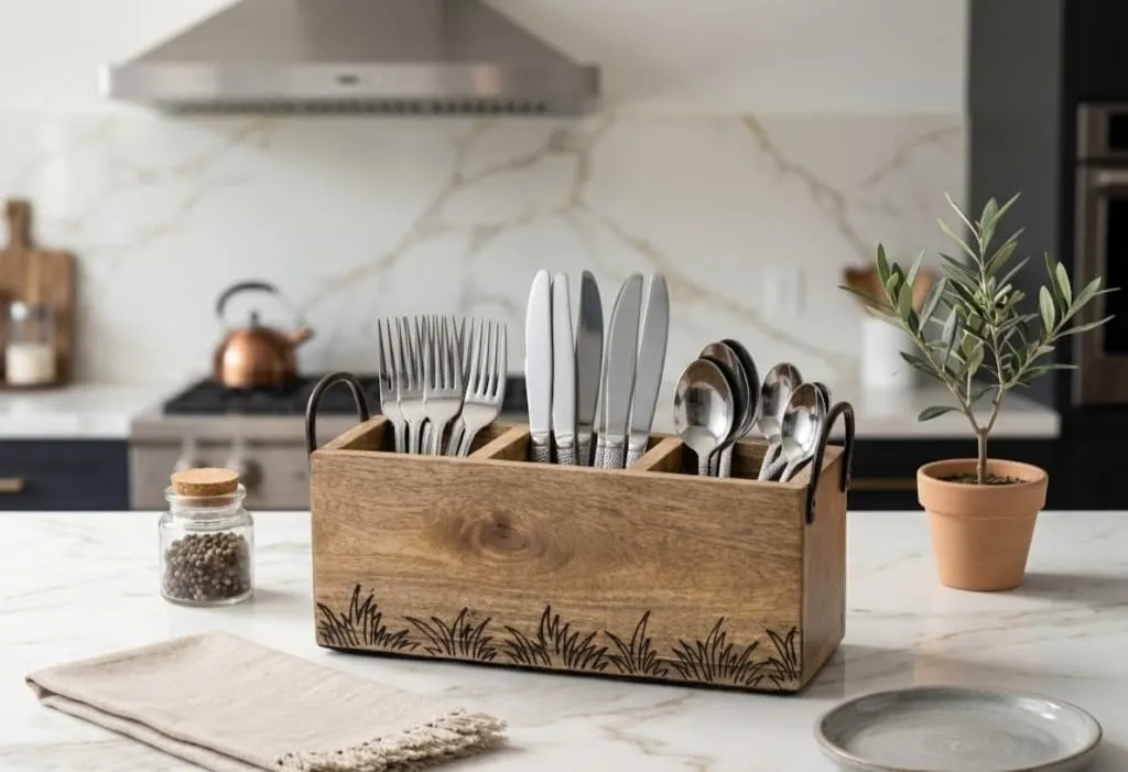 Wooden natural mango cutlery holder for dining table use durable wood and iron material utensil holder stand for kitchen storage spoons forks knives compact design for daily use organizer