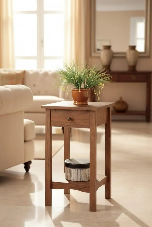 Side Table with Drawer and Shelf Wooden Walnut Finish Storage Table for Living Room Bedroom Office Use Durable Wood End Table with Storage Space Compact Furniture for Daily Use