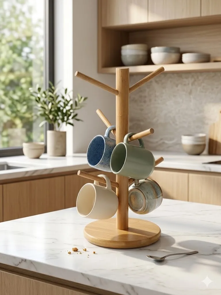 Foldable Mug Holder Wooden Natural Finish Cup Stand for Kitchen Coffee Tea Storage Rack Space Saving Mug Organizer Durable Wood Cup Holder for Home Dining Table Counter Use