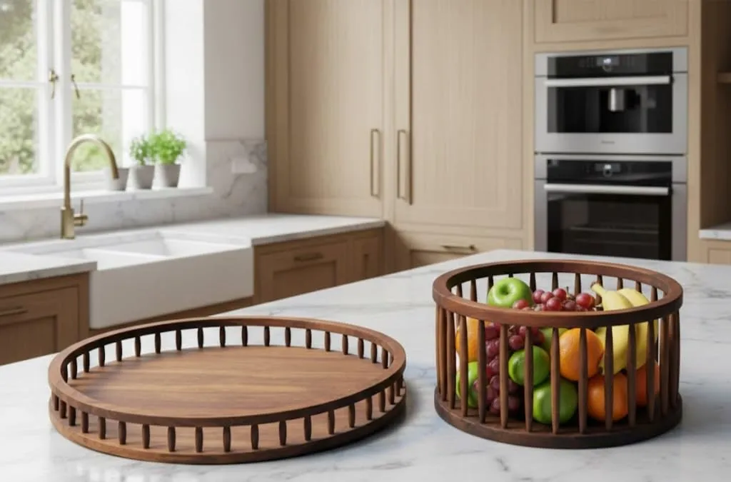 Fruit Basket and Platter Set Wooden Brown Round Serving Tray for Fruits Snacks Dining Kitchen Use Durable Wood Serving Tray Set for Home Table Decor and Daily Serving Needs
