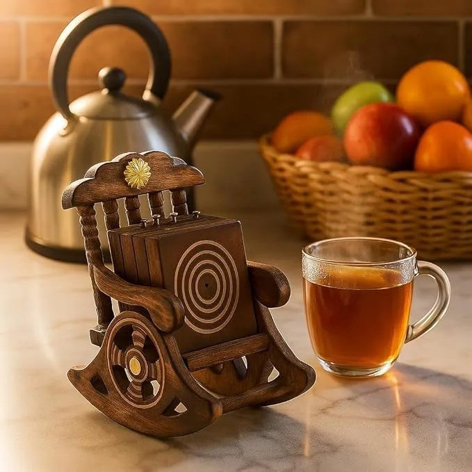 Wooden Cup Coasters Set with Rocking Chair Holder Brown Natural Wood Tea Coffee Coaster Set for Table Protection Durable Wood Drink Coasters for Home Kitchen Dining Office Use