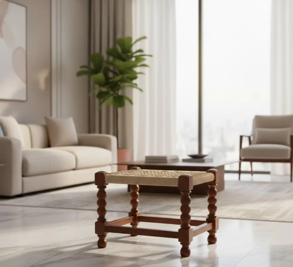 Small Square Jute Stool Wooden Mango Wood Footrest Multipurpose Seating Stool Brown Off White for Living Room Bedroom Home Use Durable Wood Jute Stool Compact Furniture for Daily Use