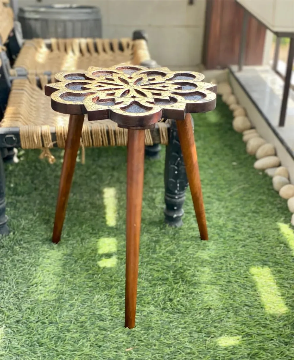 Wooden Coffee Table Multicolour Handcrafted Mango Wood 3 Leg Design Carved Top Blue Table for Living Room Use Durable Wood Center Table Artistic Furniture for Home Decor Daily Use