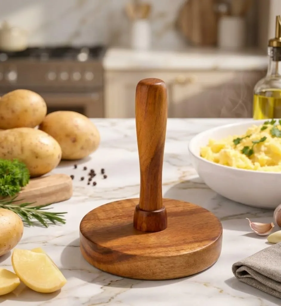 Wooden foldable masher for kitchen use durable wood material potato and vegetable masher hand tool for cooking compact design easy grip handle for daily use food preparation tool