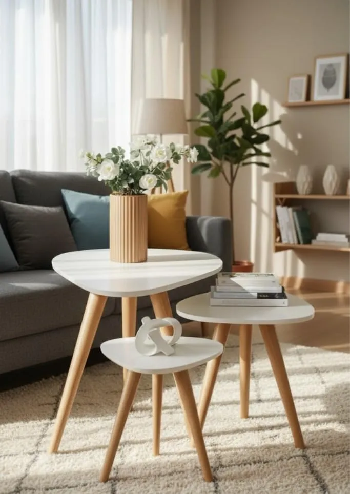 Round Nesting Coffee Tables Set of 3 Natural Finish Wood MDF Side End Tables for Living Room Use Space Saving Coffee Table Set Durable Wood Tables for Home Furniture Daily Use