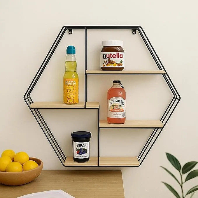 Black Wooden Iron Wall Shelf Rustic Farmhouse Hexagon Shelf for Wall Decor Storage Display Durable Wood Iron Shelf for Living Room Bedroom Home Wall Organizer Decor Use