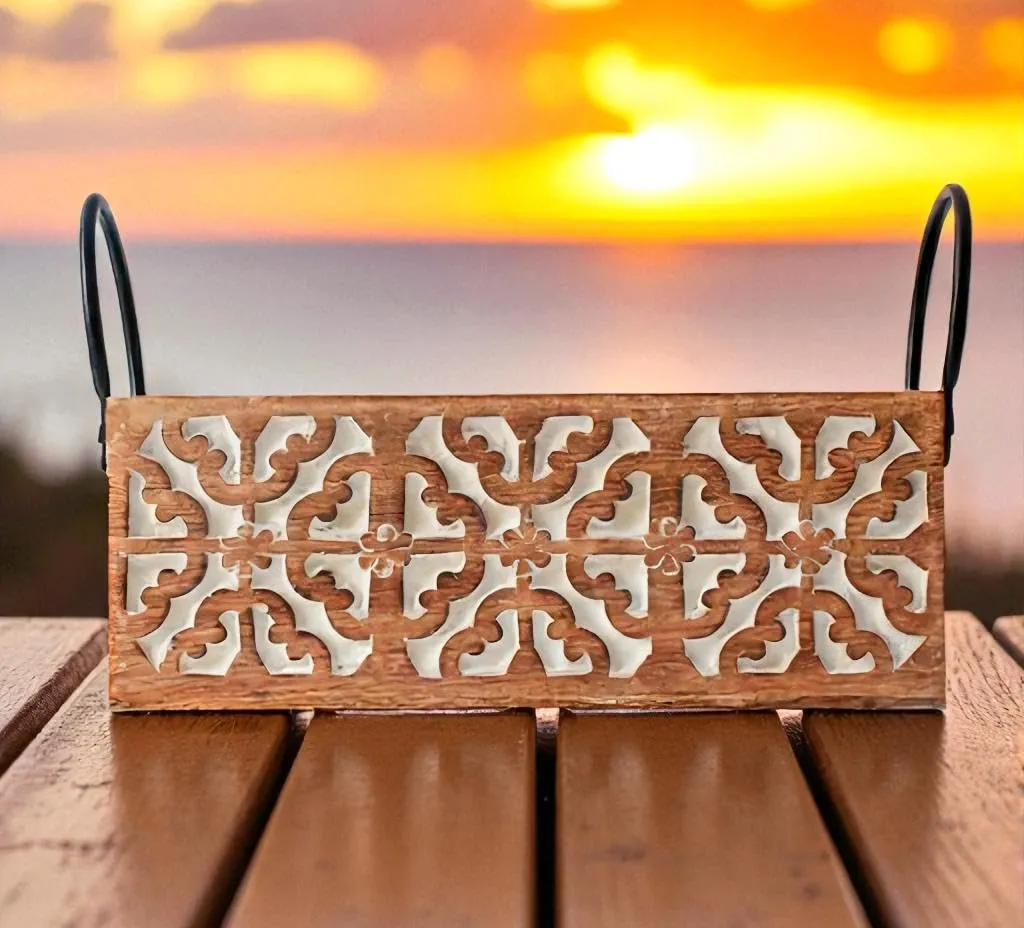 Natural Wood And Iron Cutlery Holder With Three Compartment Design For Kitchen Organisation And Dining Table Storage