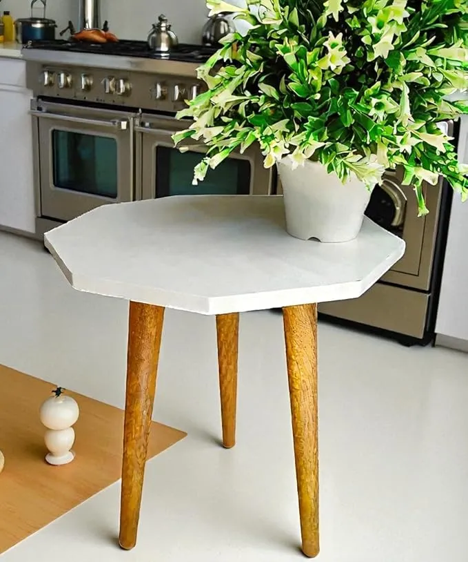  Modern Hexagonal Side Table in White & Natural Mango Wood Geometric Accent Table for Living Room, Bedroom or Lounge Handcrafted Wooden End Table for Modern Home Decor