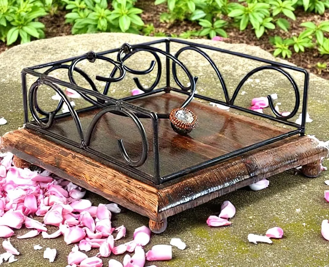  Wooden Napkin Holder with Black Iron Frame – Natural Brown Wood Tabletop Napkin Stand for Kitchen Dining Table Decor