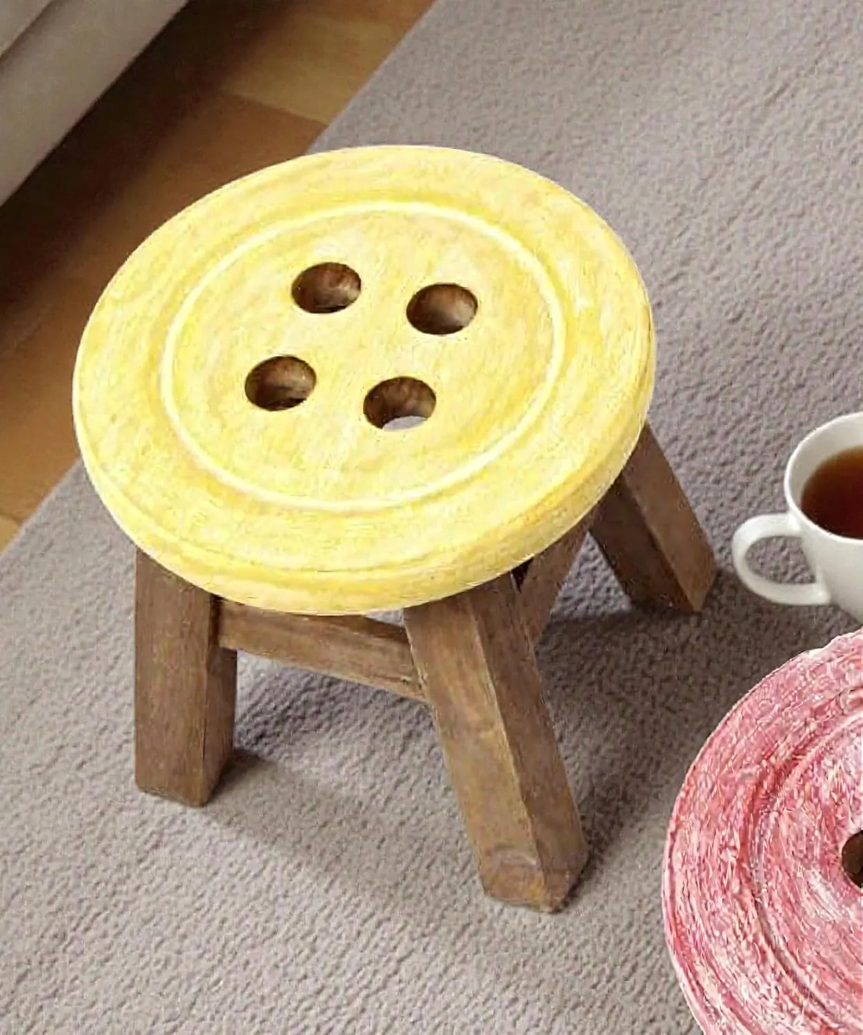 Wood Button Design Stool for Adults Solid Wood Handcrafted Multicolour Stool for Seating Foot Rest and Decor Use Durable Wooden Furniture for Living Room Bedroom Garden Stylish Design