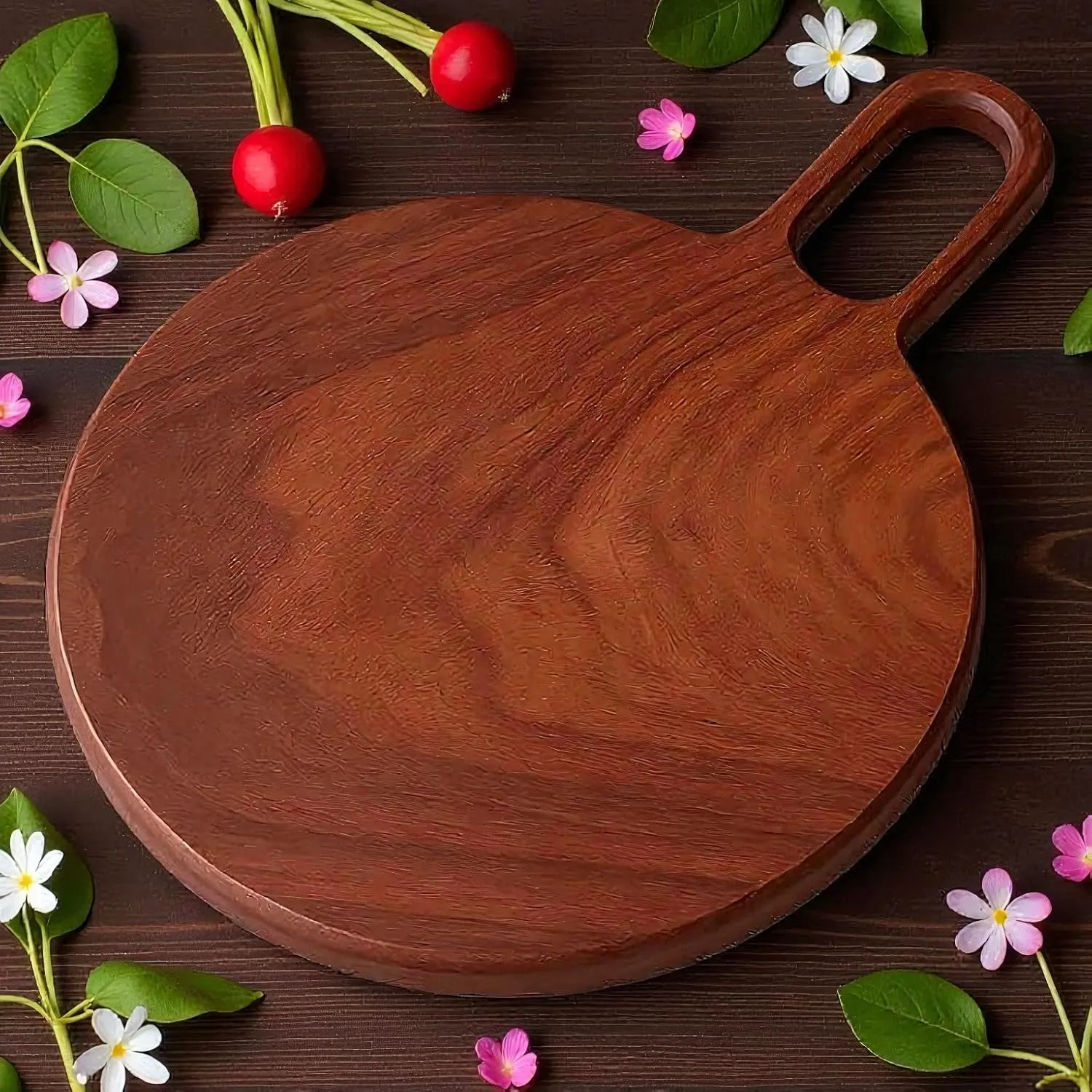 Round Wooden Chopping Board Solid Wood Kitchen Cutting Board for Food Prep Serving Durable Brown Wood Board with Handle for Home Cooking Use Strong Easy Clean Surface Design