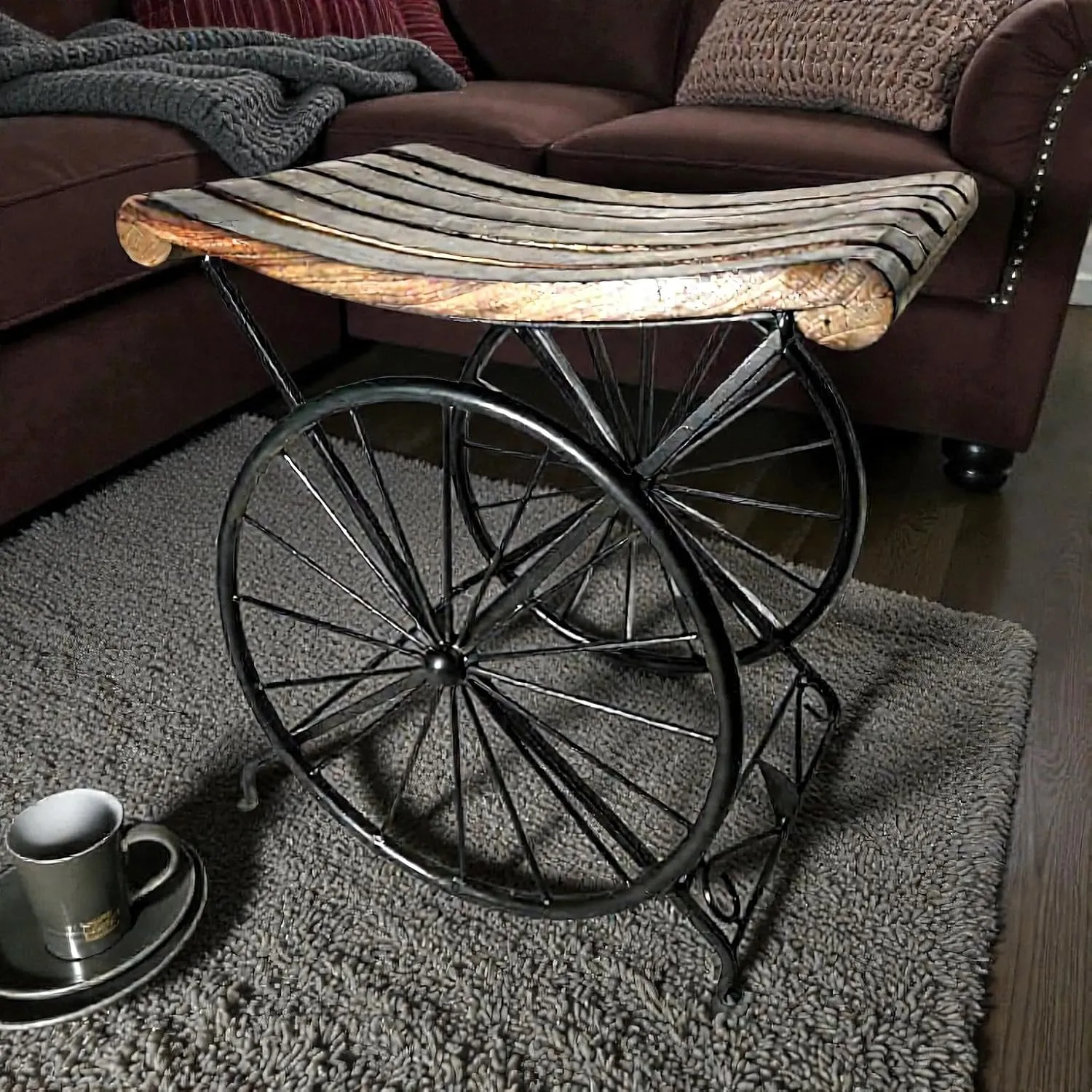 Iron Stool with Bicycle Wheel Design Industrial Handmade Accent Stool with Wood and Iron Seat for Living Room Decor Seating Vintage Farmhouse Furniture Brown Black Strong Design