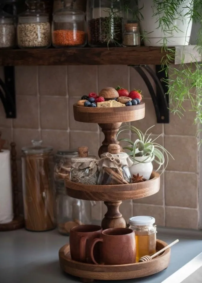 Wooden cake stand 3 tier foldable for serving desserts durable wood material display stand for cakes cupcakes snacks compact design for dining table use easy storage solution