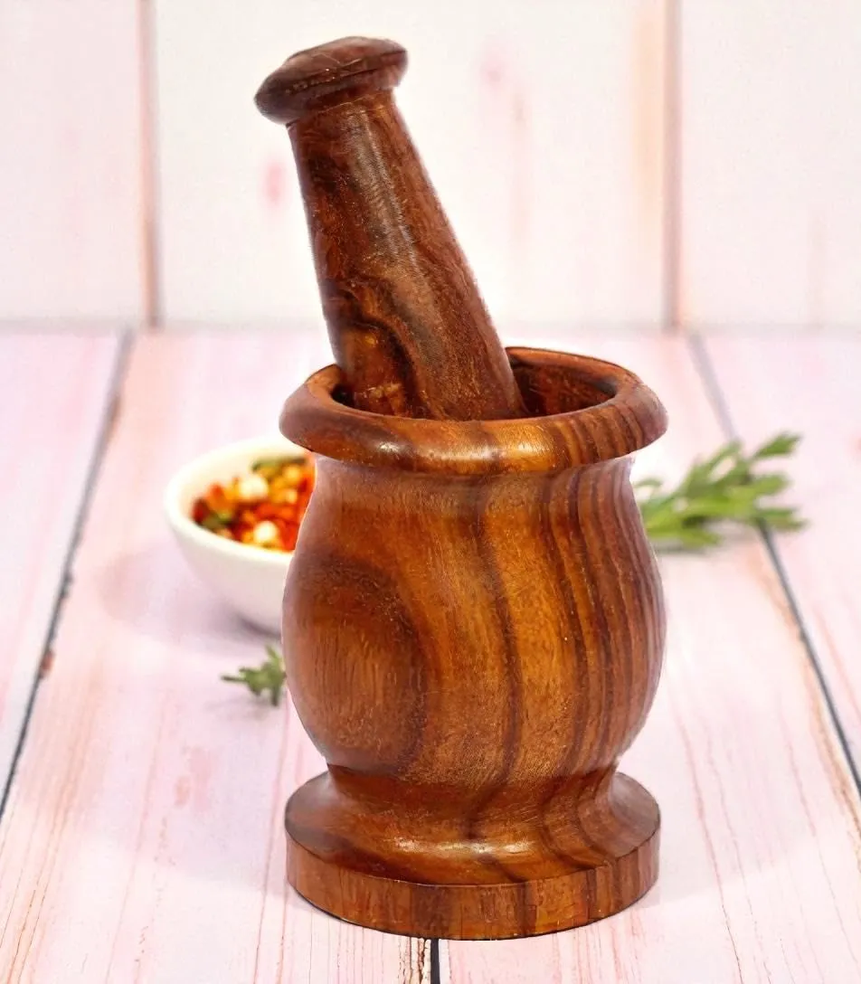 The wooden tone Wooden Okhli Musal Set Traditional Mortar Pestle Solid Wood Kitchen Tool