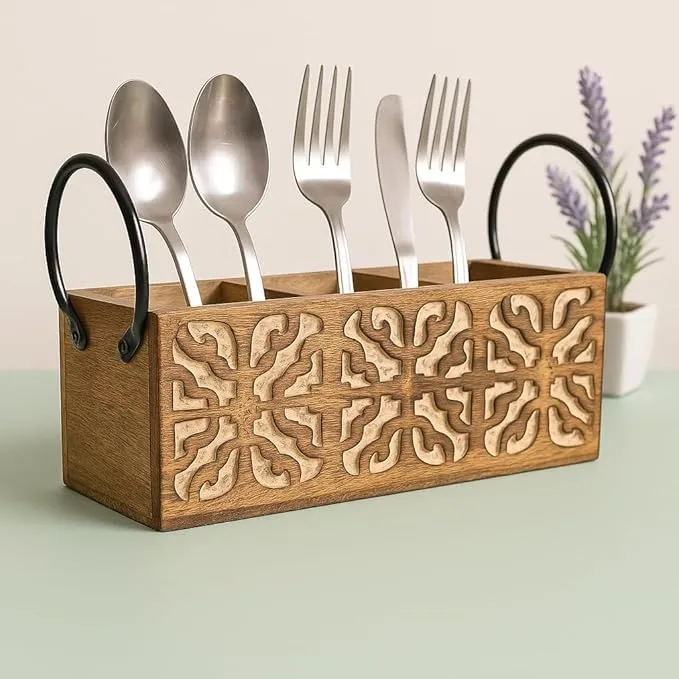 The wooden tone Cutlery Holder with Spoons Wooden Utensil Organizer Box Wood Iron Kitchen Use